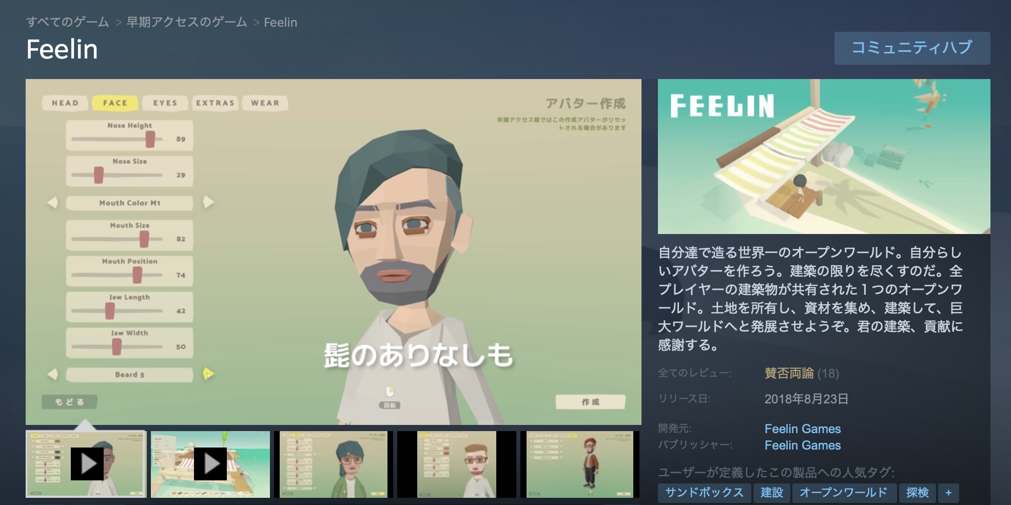 惑星移住プログラムFEELINのSTEAMページのトップ